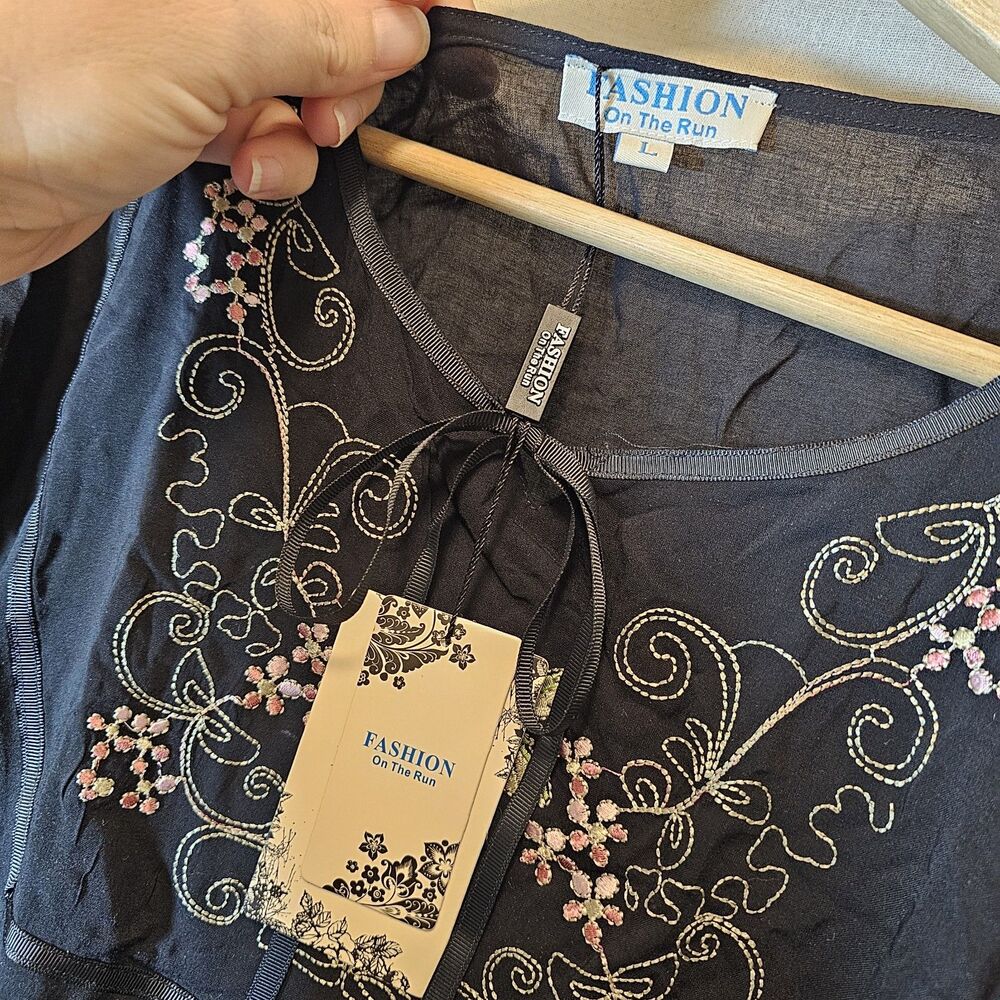 Heavily Embroidered Black Mini Dress Tunic Mexican Beach Travel NWT Size Large - Picture 5 of 9
